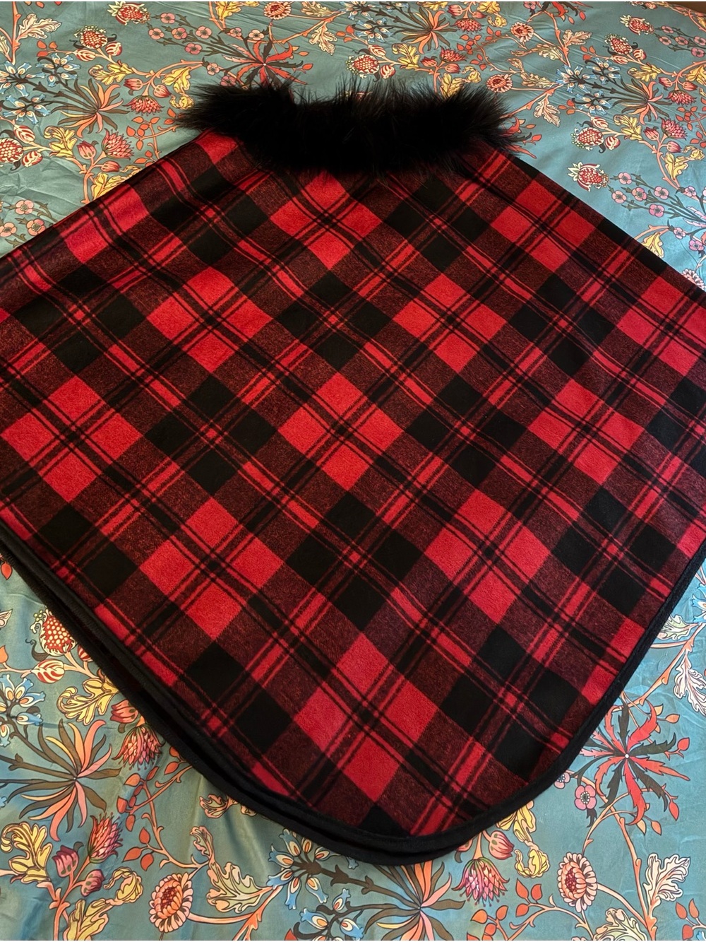 Red & Black Plaid Cape with Black Faux Fur Trim